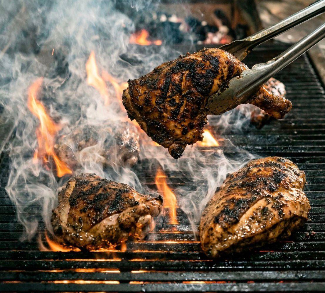 Chargrilled jerk chicken on slate